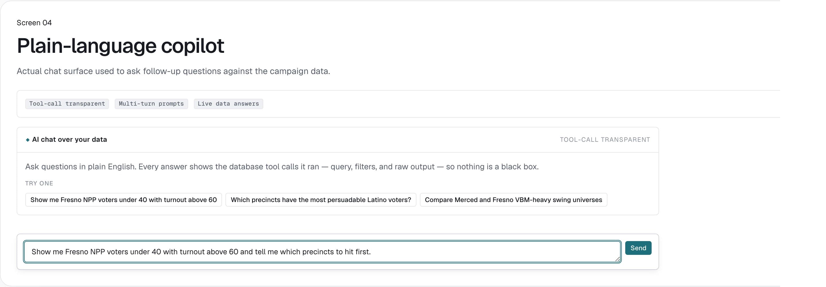 CA Voter copilot chat screen with a natural-language voter targeting prompt.