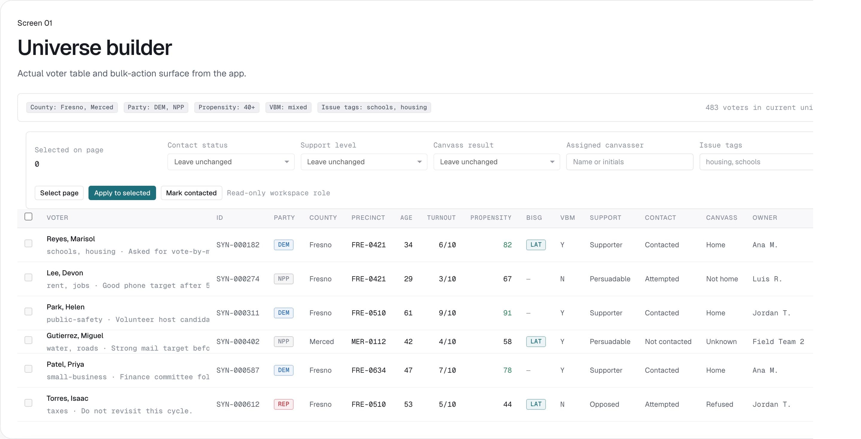 CA Voter segment builder with live voter table and filter chips.
