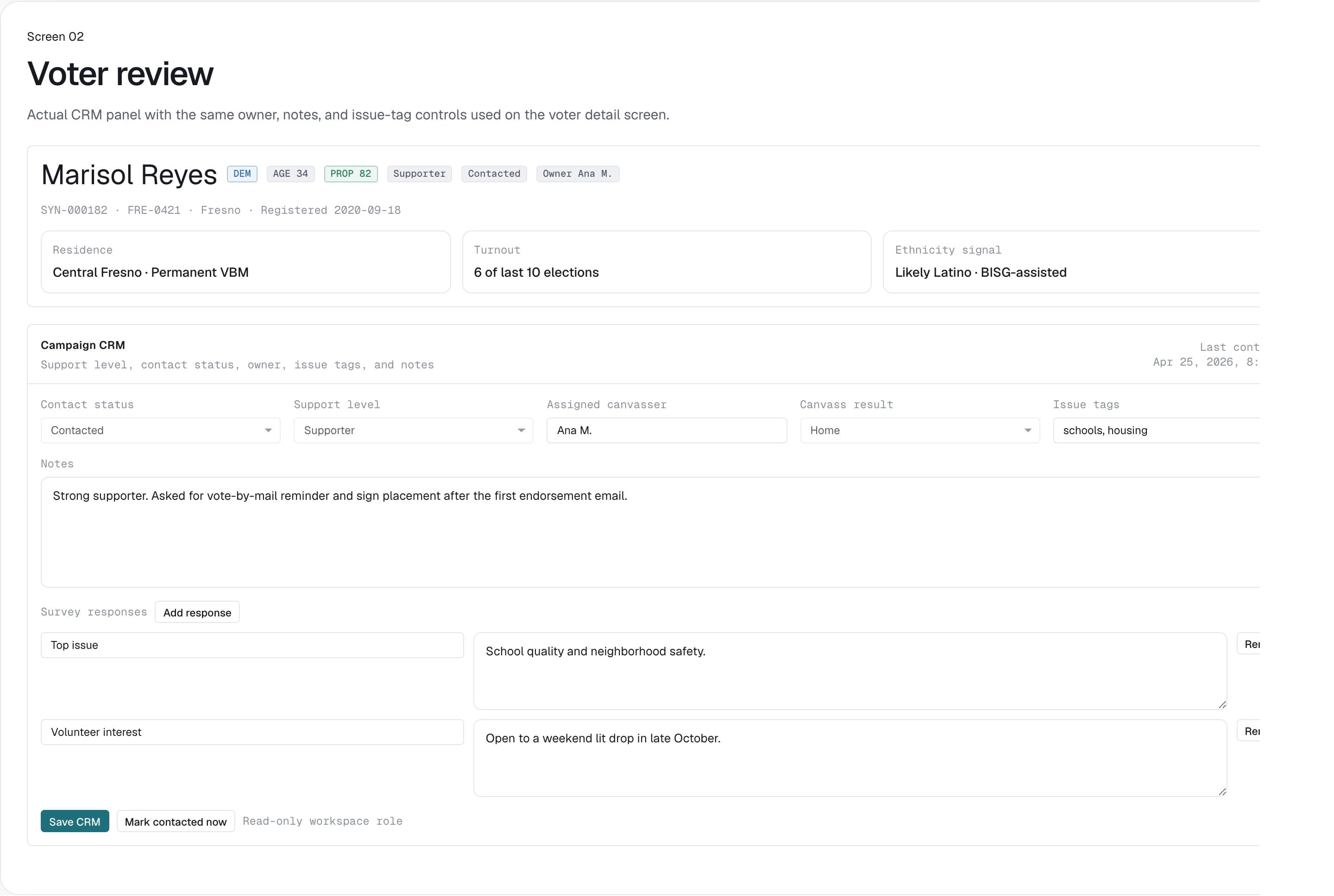 CA Voter voter review screen with CRM panel and issue notes.